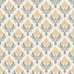 Repeating Floral Damask Seamless Pattern Vector in Green and Yellow for Fabric, Wallpaper, Packaging, Ceremony, Backgrounds, and Decorative Craft Design Projects