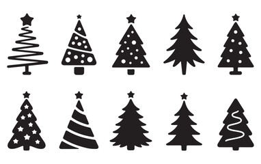 Obraz premium Set of Black Christmas Trees with Stars, Polka Dots, and Spiral Patterns, Ideal for Holiday and Seasonal Graphic Designs