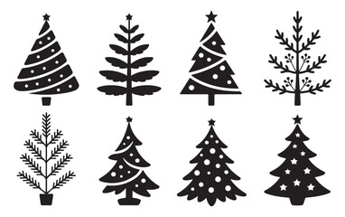Set of Black Christmas Trees with Stars, Polka Dots, and Spiral Patterns, Ideal for Holiday and Seasonal Graphic Designs