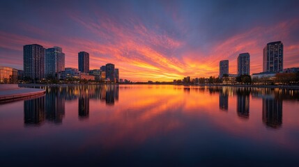 Fototapeta premium Captivating Urban Skyline Reflected on Tranquil City Lake Featuring Silhouettes of Modern Skyscrapers Inspiring Serenity and City Life