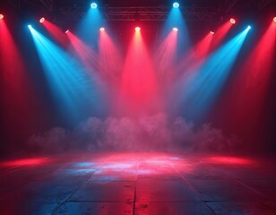 Empty nightclub stage illuminated red blue spotlights. Retro dance floor disco dancing area interior. Laser beams, smoke. Party background. Concert performance entertainment background.