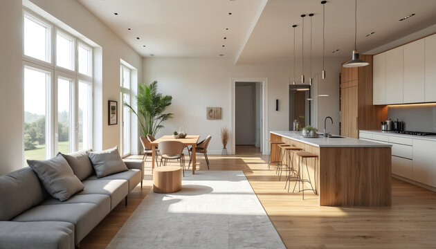 Modern open concept townhouse interior design. Spacious living area seamlessly connected to kitchen dining spaces, creating inviting atmosphere. Contemporary furniture, wooden floors, large windows,