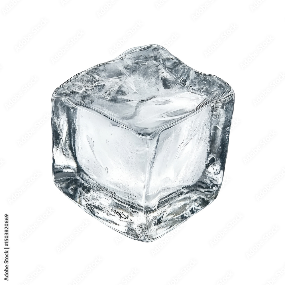 Poster single ice cube isolated on a transparent background showcasing its clear texture and crisp edges, s