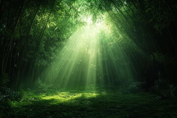 Obraz premium Sunlit Green Bamboo Forest with Glowing Particles