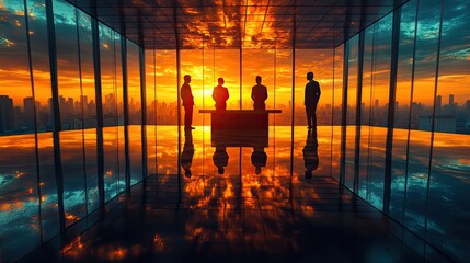Rooftop business meeting at sunset
