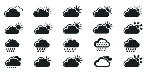 Set of black weather icons with clouds vector illustration, showing sunny, rainy, snowy, stormy conditions, perfect for climate, meteorology, and weather forecasts

