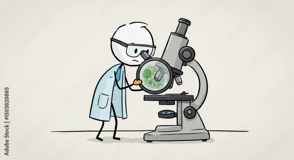 Poster a stick figure scientist using a microscope to analyze microorganisms like viruses