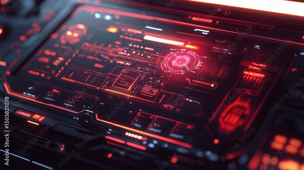 Poster close up of a futuristic control panel with red glowing lights and various digital displays and inte