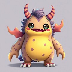 Naklejka premium Playful Illustration of a Yellow Monster with Striped Horns, Purple Hair, and Wing-Like Ears on a Gray Background