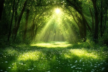 Obraz premium Sunlit Green Forest with White Flowers