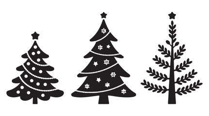 Set of Black Christmas Trees with Stars, Polka Dots, and Spiral Patterns, Ideal for Holiday and Seasonal Graphic Designs