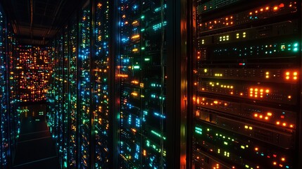 Illuminated server racks in a dark data center with multiple colorful blinking lights visible clearly