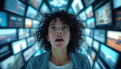 Surprised woman surrounded by swirling screens. Illustration depicts information overload, media, digital cyberspace connection, social network, data rush. She has open mouth, amazed look.