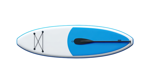 Stand-up paddleboard with wooden paddle isolated on transparent background

