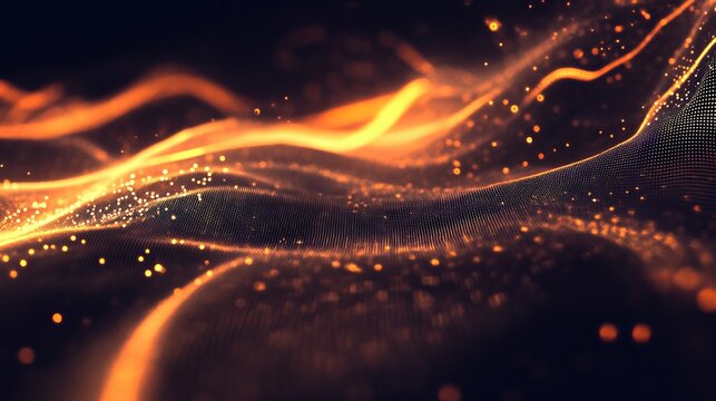 Abstract glowing orange waves and particles on dark background creating a dynamic visual effect