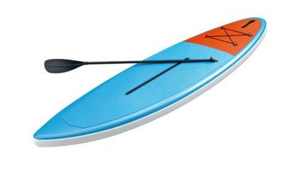 Stand-up paddleboard with wooden paddle isolated on transparent background

