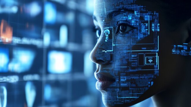 Profile of a woman with digital interface overlay and blurred screen background in blue tones