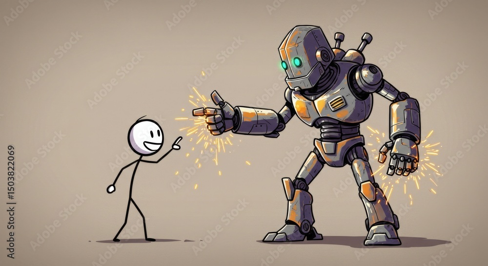 Poster cartoon depiction of a stick figure confronting a menacing robot with sparking fingers