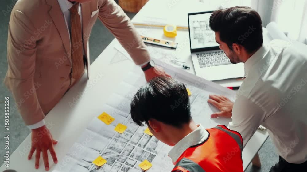 Poster top view of professional architect engineer team inspect house model while manager holding blueprint