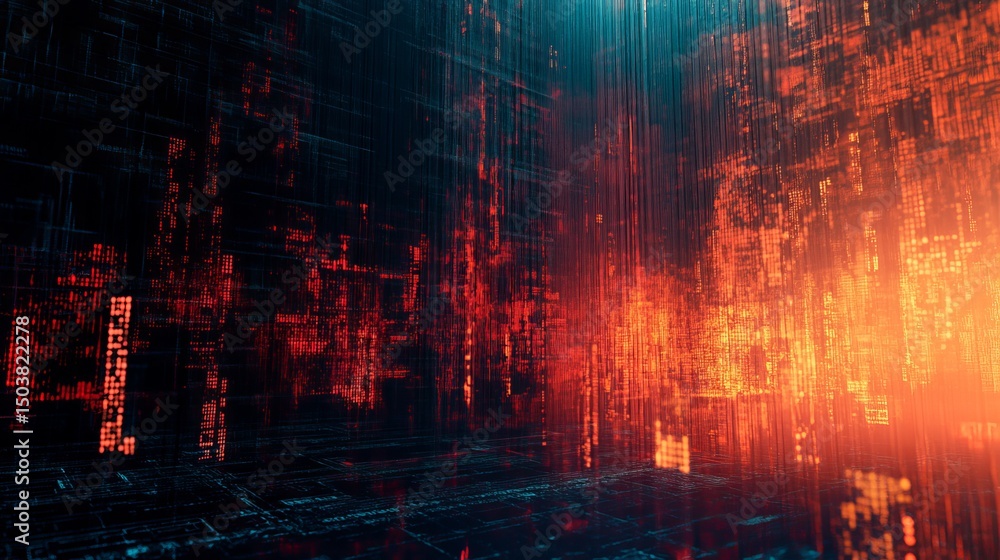 Poster abstract digital landscape with glowing red and orange lights and grid like structures visible