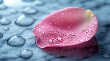 Pink Rose Petal with Water Drops on Blue Background - Macro Photography