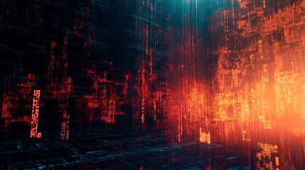 Fototapeta premium Abstract digital landscape with glowing red and orange lights and grid like structures visible