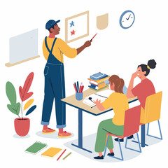 Create a bold-stroked vector illustration of a 2D cartoon scene featuring an adult character.  Include vibrant colors and a playful style.