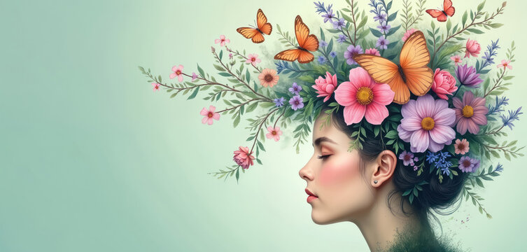 Woman profile with flowers butterflies in head, closed eyes, representing positive mental health. Blossoms, flying insects symbolize creative mind, self care, beauty, hope, emotional wellbeing. - Powered by Adobe