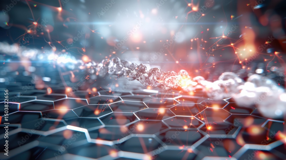 Poster dynamic particle motion event digital realm abstract visuals high-tech environment close-up view ene