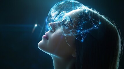 Woman with glowing network overlay and sphere above her head looking upwards in the dark