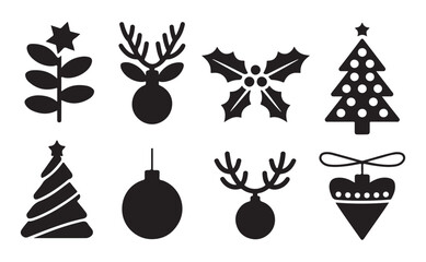  Set of Black Christmas Icons Including Hanging Trees, Reindeer, Ornaments, Snowflakes, and Gifts, Ideal for Holiday and Seasonal Designs