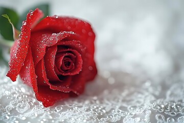 Red Rose with Water Drops on White Lace - Realistic Photography