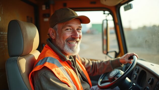 Happy mature dump truck driver operates vehicle construction site. Smiling man in orange safety vest, cap, beard on a sunny day. Focus on the truck cabin interior, blurred background.