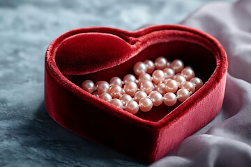 Pearl Necklace in a Red Heart Shaped Velvet Box - Photo