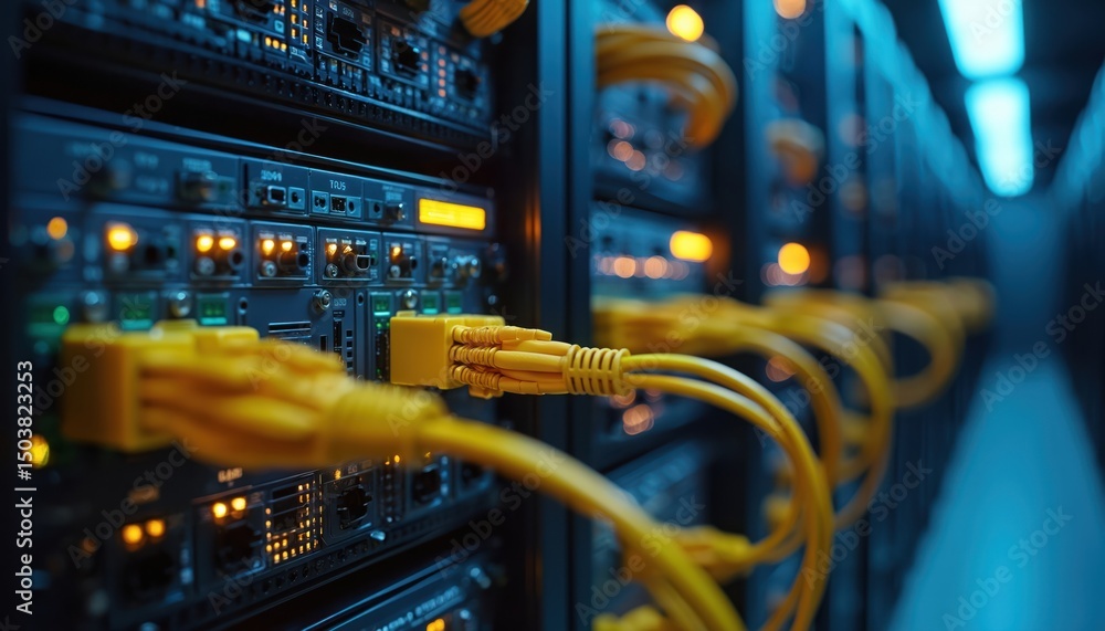 Poster data center with server racks. yellow network cables connected to servers. infrastructure tech with 