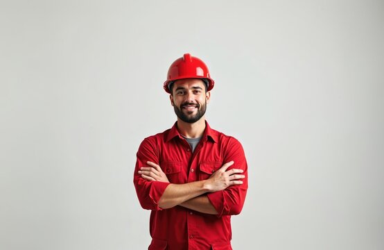 Smiling construction worker portrait. Confident male with arms crossed wears red uniform hard hat. Isolated on white background. Pro look for construction site.