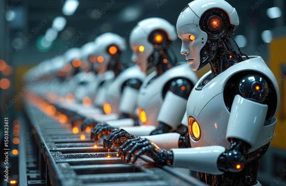 Poster robots working in automated factory on assembly line. ai, futuristic technology, industrial producti