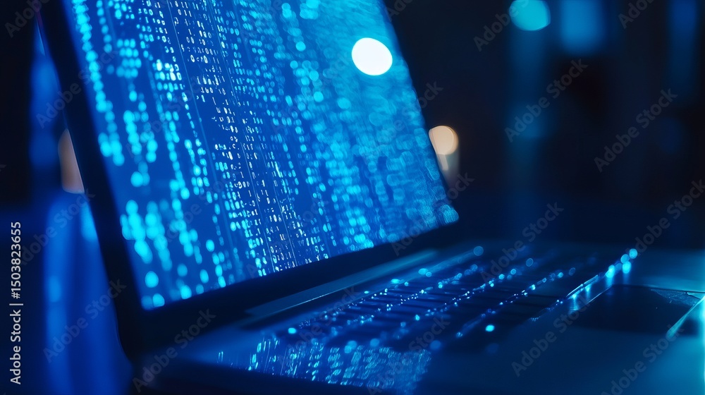 Aufkleber close up of a laptop screen displaying blue digital code with a blurred dark background setting