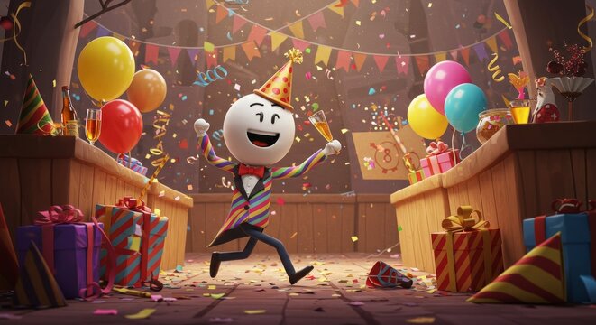 Celebrating milestone: Happy cartoon character revels in a festive birthday bash