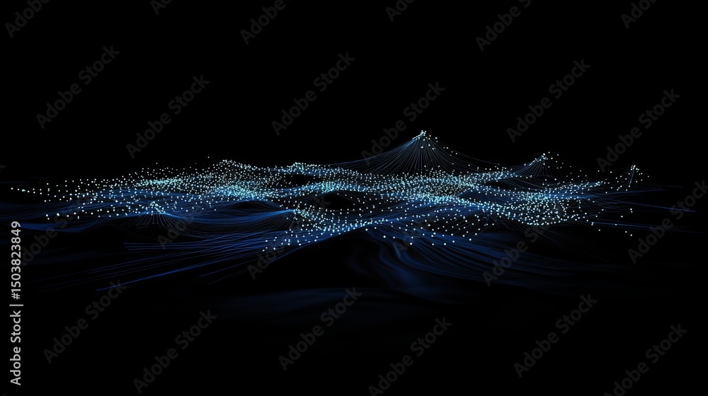 Poster abstract network of glowing dots connected by lines in a dark space resembling a digital landscape