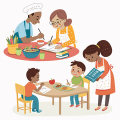 Create a bold, vector illustration of a 2D cartoon scene featuring two children playing.  Use thick outlines and vibrant colors.