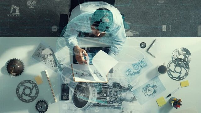 Top down view of architect engineer writing and planning turbine engine design while sitting at meeting table with gear and electronic generator scatter around with global connection. Alimentation.