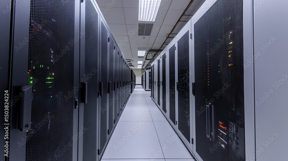 Aufkleber a long corridor filled with rows of server racks in a data center with bright overhead lighting syst