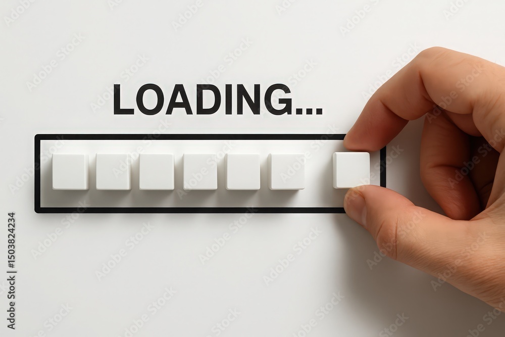 Poster loading progress bar with hand placing last block completion concept illustration