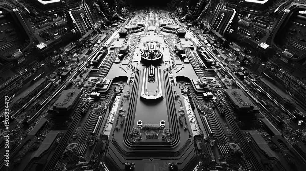 Poster a futuristic corridor with intricate metallic patterns and a central focal point in monochrome style