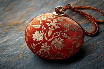 Red Round Clutch Purse with Gold Floral Pattern Illustration