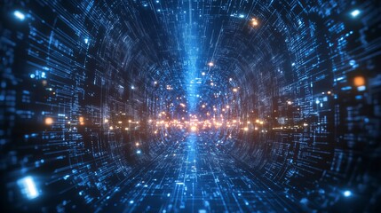 Obraz premium Abstract digital tunnel with blue and orange lights creating a futuristic cyberspace environment
