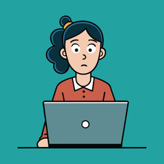 Confused Woman Working On Laptop Cartoon