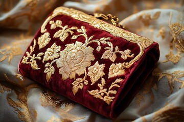 Red Velvet Clutch with Gold Floral Embroidery Photo