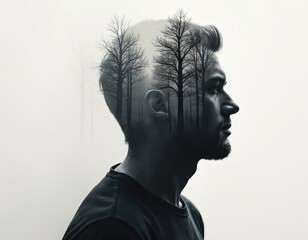Double exposure silhouette man with trees silhouette in his head. Forest, nature landscape inside male face, concept of mind and imagination, thoughts, dreams and mental health. Calm dreamy profile.